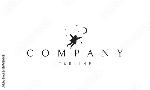 A vector logo featuring an abstract image a flying boy soaring across the sky , symbolizing dreams and imagination.