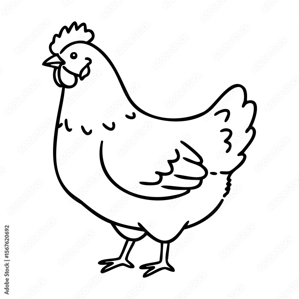 Fototapeta premium Line art of chicken with simple outline for farm design concepts. Vector hand-drawn doodle illustration