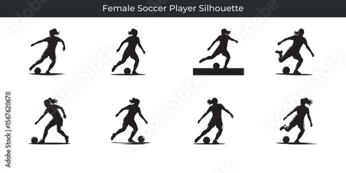 Dynamic female soccer player silhouettes showcasing various football action poses in simple black