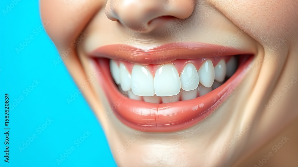 Fototapeta premium Bright white teeth with a radiant smile against a clean blue gradient background.
