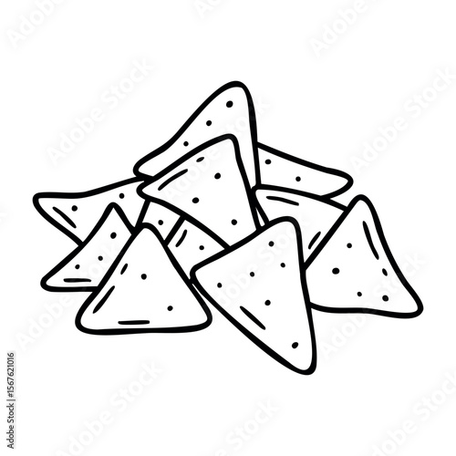 Simple line drawing of triangle-shaped corn chips pile. Vector hand-drawn doodle illustration