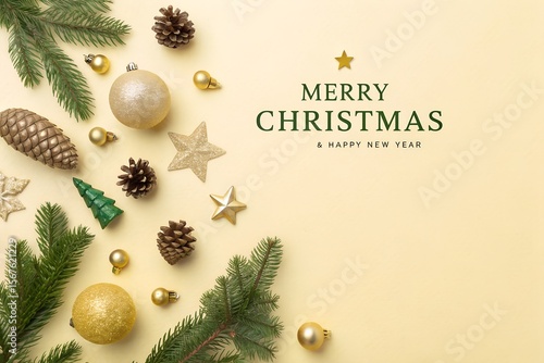 Elegant Christmas Flatlay with Golden Ornaments and Pine Cones on Yellow Background