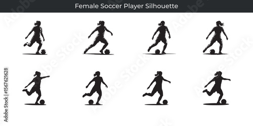 Black silhouette collection of female soccer player actions with soccer balls on white background