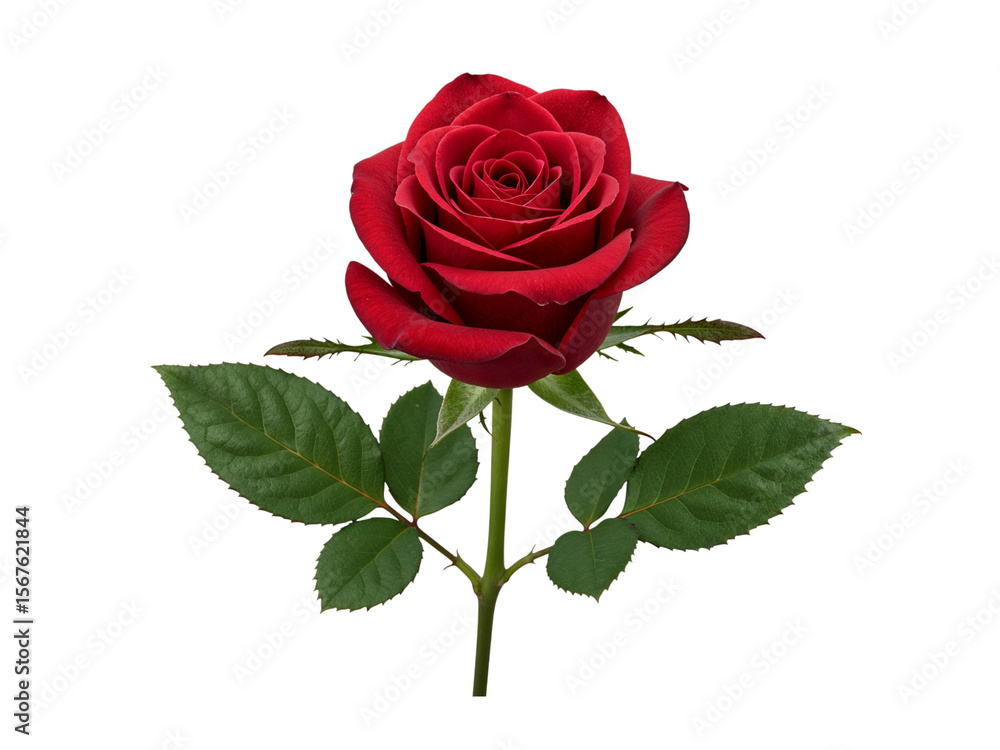 Fototapeta premium A single perfect red rose with green leaves isolated on transparent background
