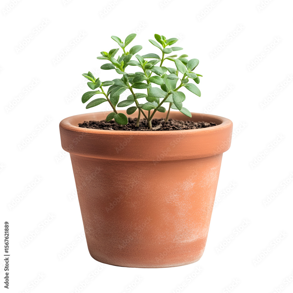 Fototapeta premium Green plant in terracotta pot new life growth nature