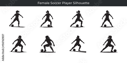 Silhouette illustration of a female soccer player in various football action poses