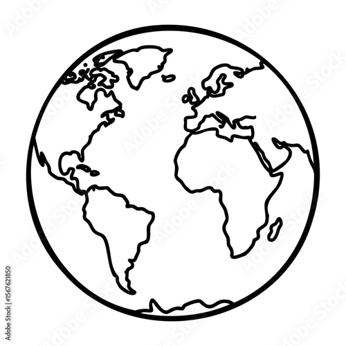 Outline of earth highlighting continents and geographical features. Vector hand-drawn doodle illustration