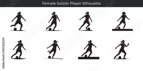 Striking black silhouette representations of a female soccer player in dynamic action poses