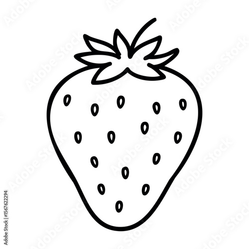Simple outline drawing of a strawberry with seeds and leaf. Vector hand-drawn doodle illustration