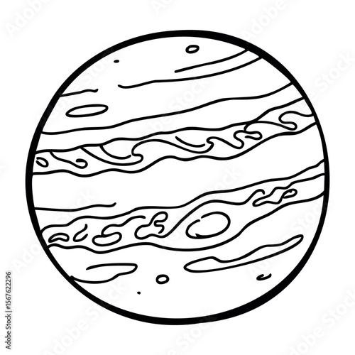 Detailed line drawing of planet jupiter with characteristic bands and swirls. Vector hand-drawn doodle illustration