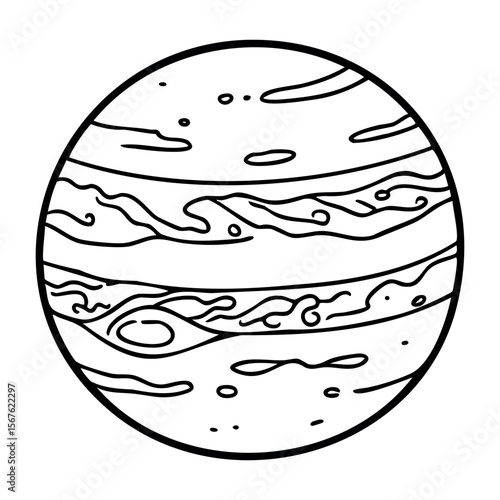 Monochrome illustration of planet jupiter with detailed surface patterns. Vector hand-drawn doodle illustration