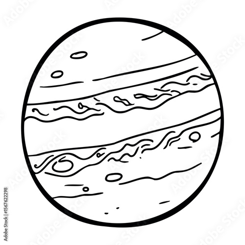 Black and white outline illustration of jupiter with distinctive bands. Vector hand-drawn doodle illustration
