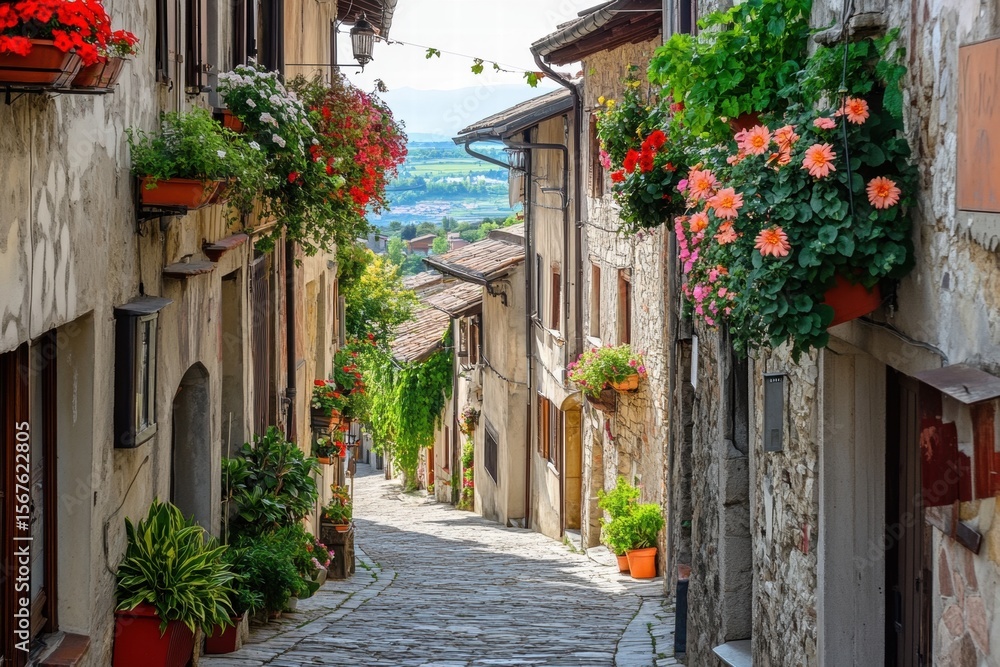 Fototapeta premium White house with blue shutters and pink flowers