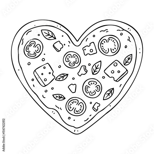 Heart-shaped pizza sketch with toppings in black and white line art. Vector hand-drawn doodle illustration