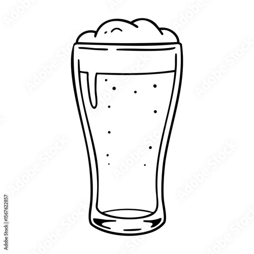 Hand-drawn beer glass with foam overflow in black and white sketch style. Vector hand-drawn doodle illustration