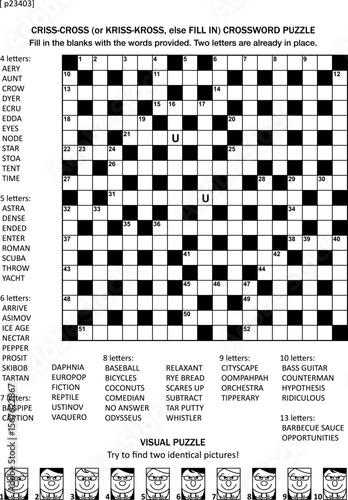 Puzzle page with two games: 19x19 fill-in (or criss-cross, else kriss-kross) crossword puzzle and visual puzzle with whimsical faces. Black and white, A4 or letter sized. File name p23403.
