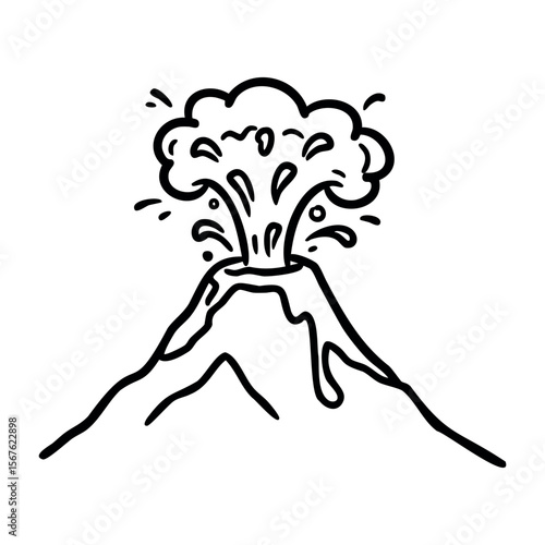 Simple black and white illustration of a volcanic eruption with lava and ash cloud. Vector hand-drawn doodle illustration