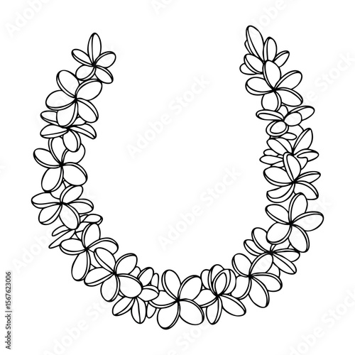 Plumeria flower lei outline design with a horseshoe shape. Vector hand-drawn doodle illustration