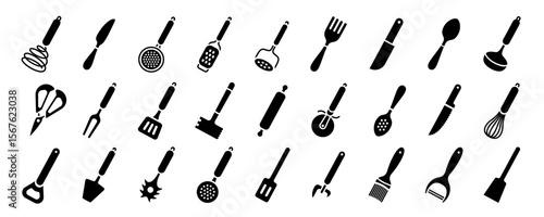 Kitchenware icon set. Black vector kitchen utensils, tools and cutlery. Whisk, slotted spoon, scissors, ladle and spatula. Sieve, knife, spoon, fork, peeler and opener pictogram