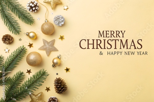 Elegant Christmas Flatlay with Golden Ornaments and Pine Cones on Yellow Background