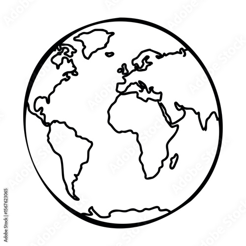 Simple black outline of earth map featuring continents. Vector hand-drawn doodle illustration