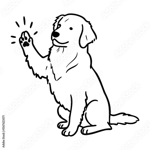 Golden retriever giving paw in line art style. Vector hand-drawn doodle illustration