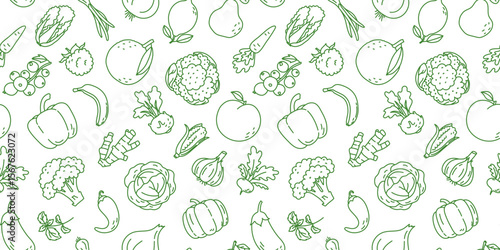 Seamless vector pattern. Vegetables and fruits: cabbage, carrot, currant, raspberry, orange, banana, pepper, bell pepper, cabbage, broccoli, ginger, garlic, corn, peach and pumpkin. 