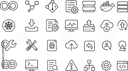 Collection of modern technology and development icons in a clean outline style