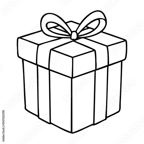 Simple line drawing of a wrapped gift box with ribbon bow. Vector hand-drawn doodle illustration