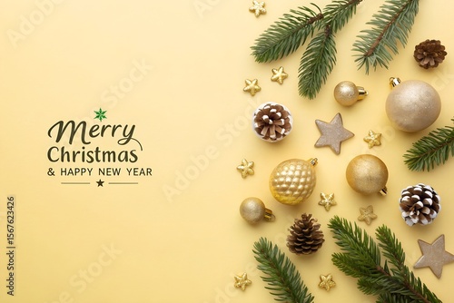 Elegant Christmas Flatlay with Golden Ornaments and Pine Cones on Yellow Background