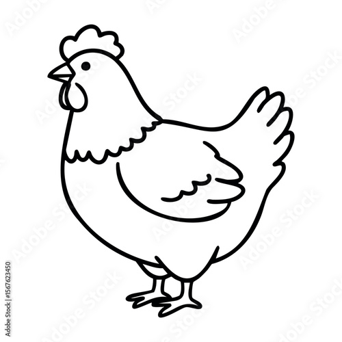 Cartoon outline of a chicken standing with detailed features. Vector hand-drawn doodle illustration