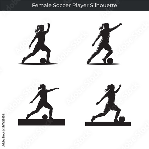 Dynamic black silhouette collection of female soccer players in action on a white background