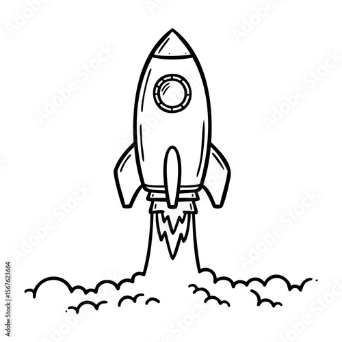 Simple hand-drawn rocket launch illustration with smoke trails. Vector hand-drawn doodle illustration