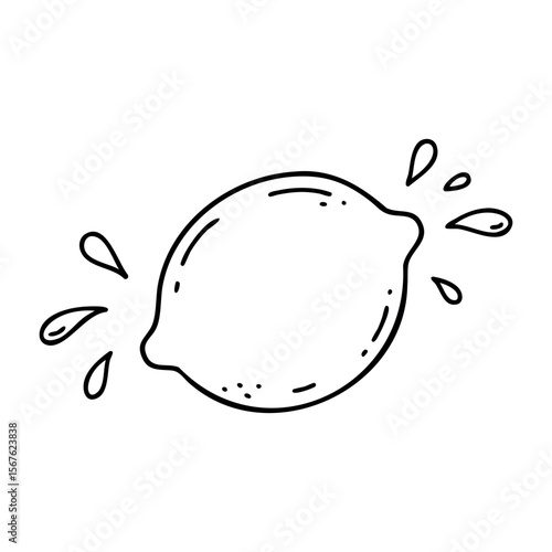 Hand-drawn lemon with splashing juice drops in black and white outline. Vector hand-drawn doodle illustration
