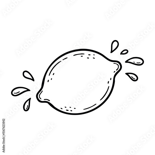 Hand-drawn lemon with juice splashes in a minimalist design. Vector hand-drawn doodle illustration