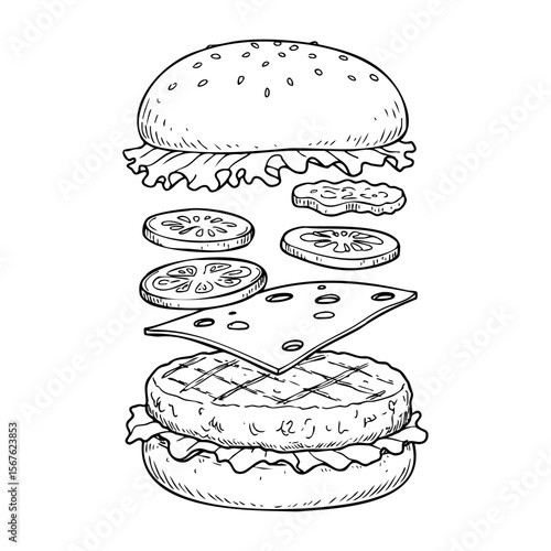 Illustrated diagram of a cheeseburger with ingredients in mid-air arrangement. Vector hand-drawn doodle illustration