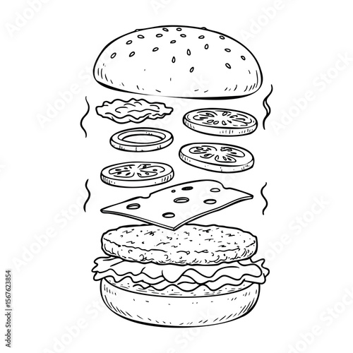 Hand-drawn burger ingredients with cheese patties and vegetables. Vector hand-drawn doodle illustration