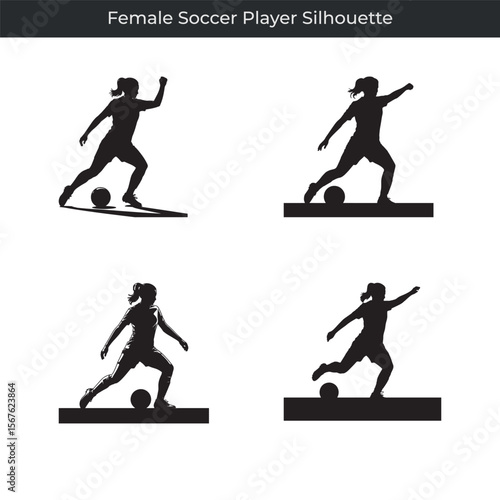 Four dynamic silhouette poses of a female soccer player kicking and dribbling a soccer ball