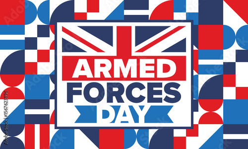 Armed Forces Day in United Kingdom. Great Britain flag. Veterans' and Memorial Day. Holiday to honoring the armed forces. British flag. Army Day. Creative art poster. Vector illustration