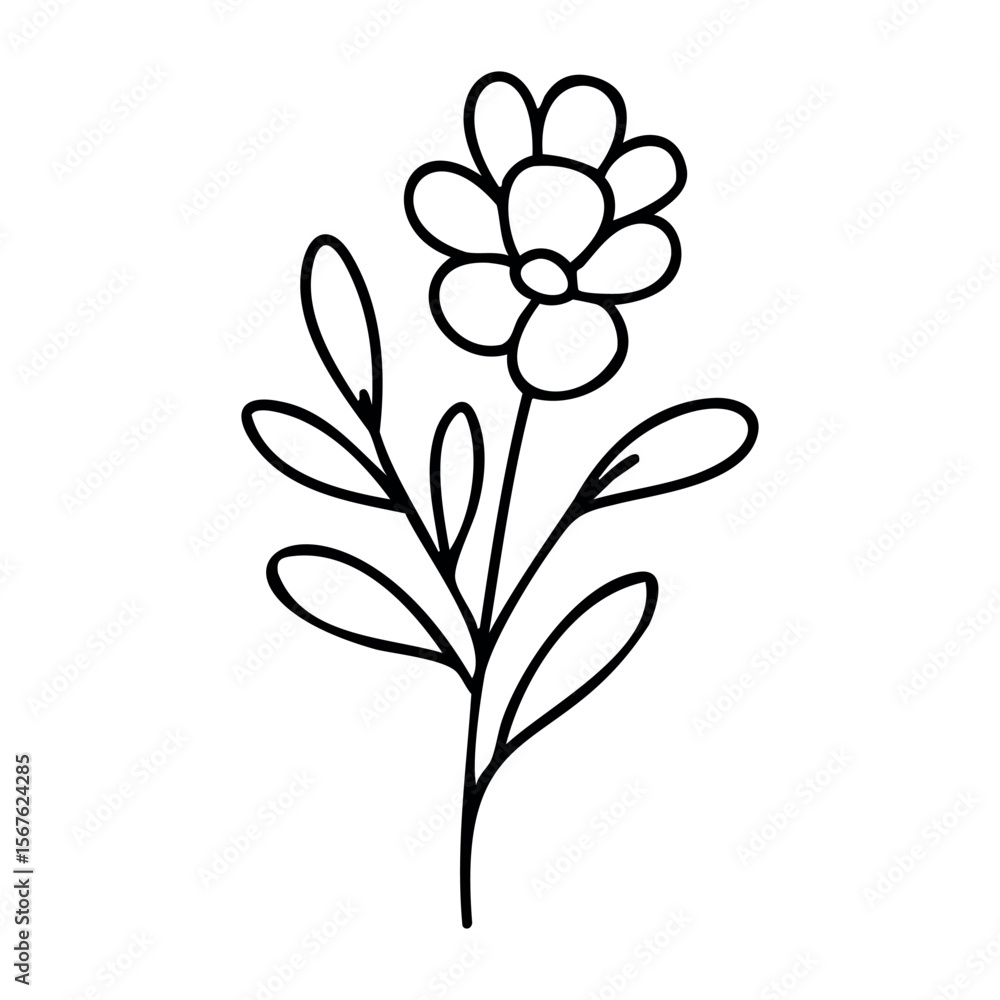 Fototapeta premium Simple line art of a blossom on stem with leaves. Vector hand-drawn doodle illustration