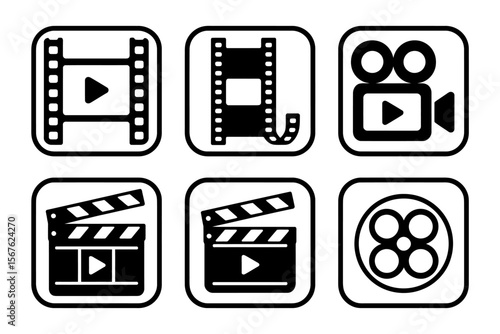 Filmmaking Icons Movie Reel, Clapperboard, Camera, Play Button Graphics