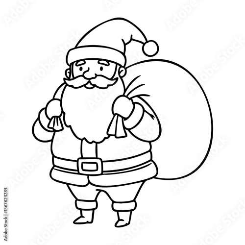 Jolly santa claus with gift sack outline drawing for holiday coloring. Vector hand-drawn doodle illustration