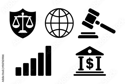 Global Legal and Financial Icons Justice, Law, Finance, and Growth