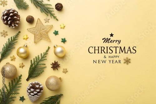 Elegant Christmas Flatlay with Golden Ornaments and Pine Cones on Yellow Background