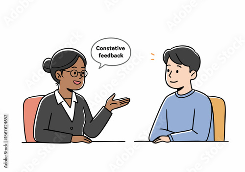 Businesswoman Giving Constructive Feedback to Male Colleague During Office Meeting or Coaching Session Illustration