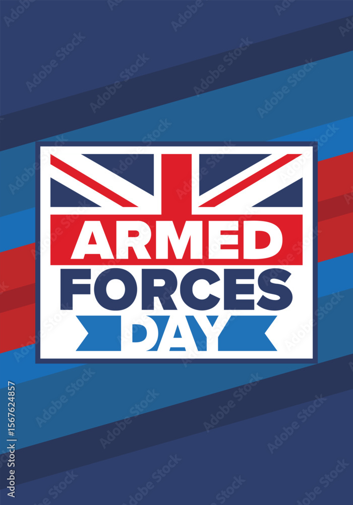 Fototapeta premium Armed Forces Day in United Kingdom. Great Britain flag. Veterans' and Memorial Day. Holiday to honoring the armed forces. British flag. Army Day. Creative art poster. Vector illustration