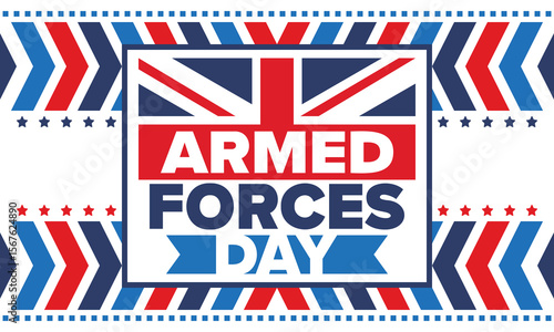 Armed Forces Day in United Kingdom. Great Britain flag. Veterans' and Memorial Day. Holiday to honoring the armed forces. British flag. Army Day. Creative art poster. Vector illustration