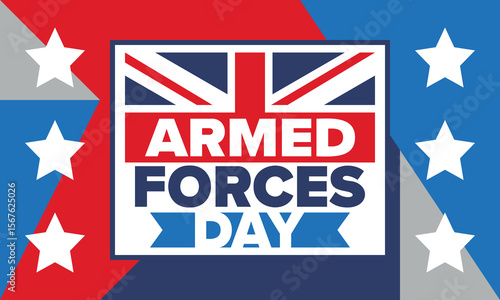 Armed Forces Day in United Kingdom. Great Britain flag. Veterans' and Memorial Day. Holiday to honoring the armed forces. British flag. Army Day. Creative art poster. Vector illustration