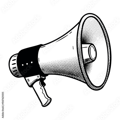 Vintage megaphone drawing in black and white with halftone shading. Vector hand-drawn doodle illustration