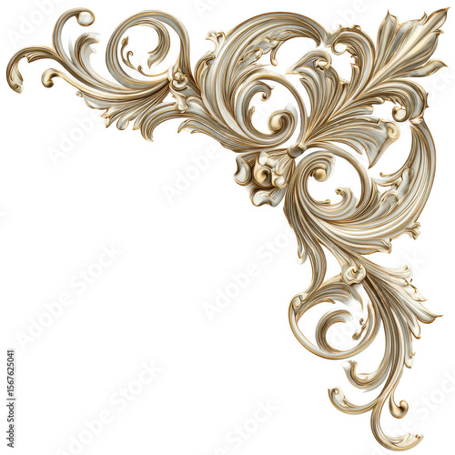 Baroque style ornamental corner with intricate swirling leaves and floral motifs in gold and cream tones, elegant decorative design with luxurious and classic feel